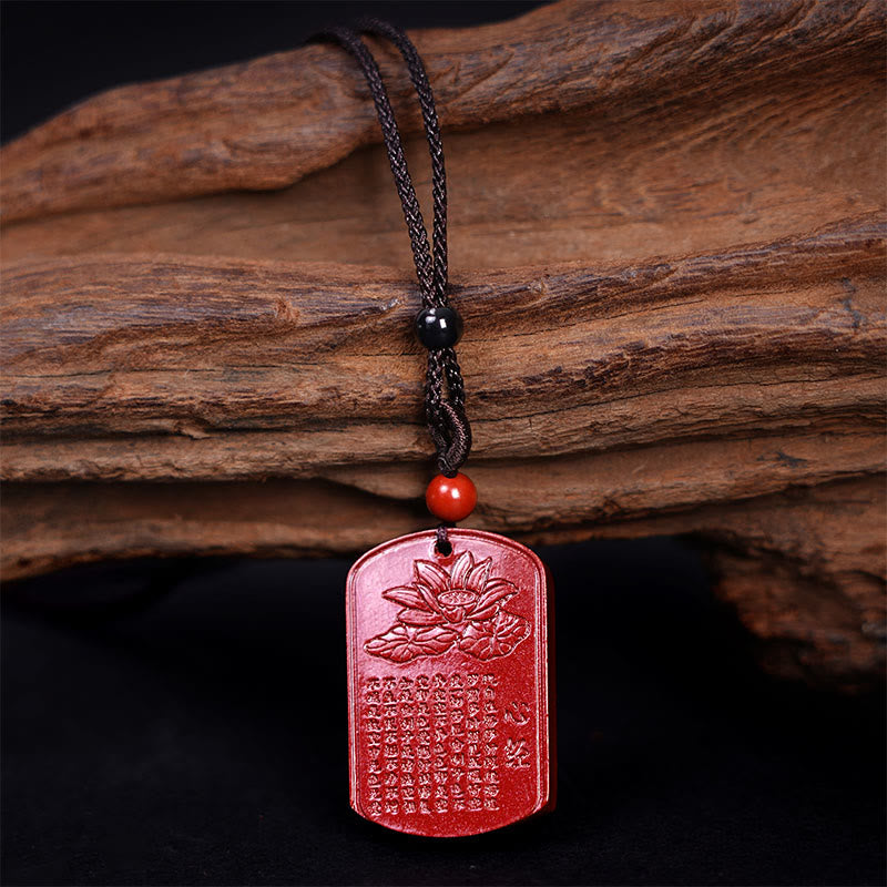 Buddha Stones Cinnabar Lotus Heart Sutra Engraved Blessing Rope Necklace Pendant - image 2