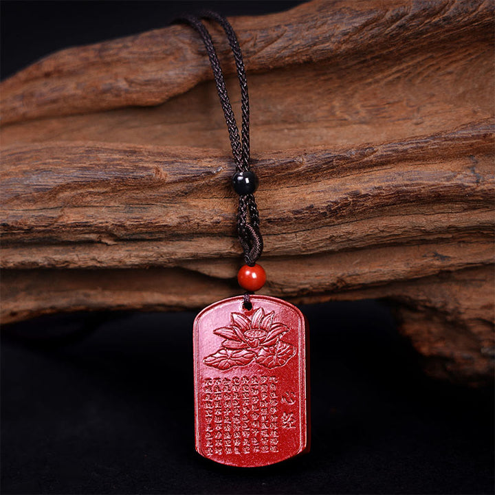 Buddha Stones Cinnabar Lotus Heart Sutra Engraved Blessing Rope Necklace Pendant - image 2