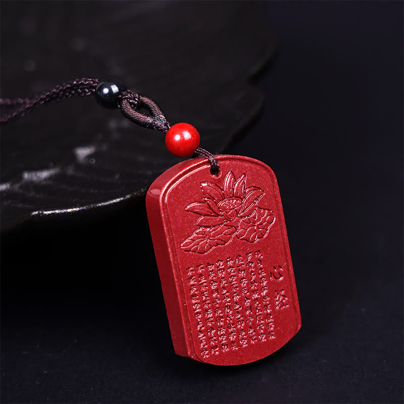 Buddha Stones Cinnabar Lotus Heart Sutra Engraved Blessing Rope Necklace Pendant - Heart Sutra Words 37.3*24*6.1mm - image 0