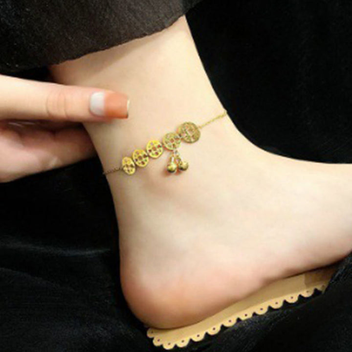 Buddha Stones Copper Coins Bell Charm Titanium Steel Strengthen Anklet - image 5