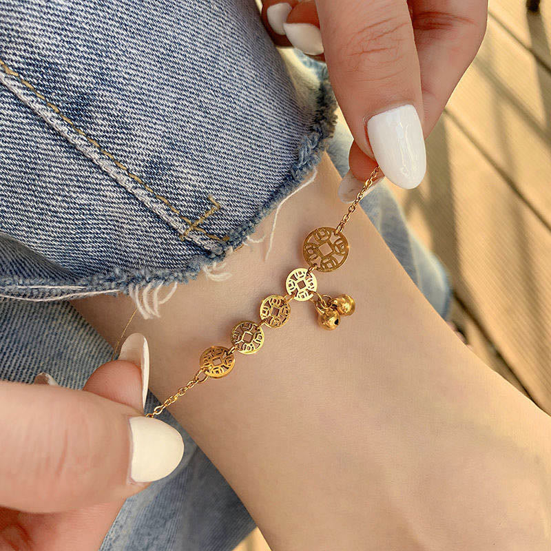 Buddha Stones Copper Coins Bell Charm Titanium Steel Strengthen Anklet - image 4
