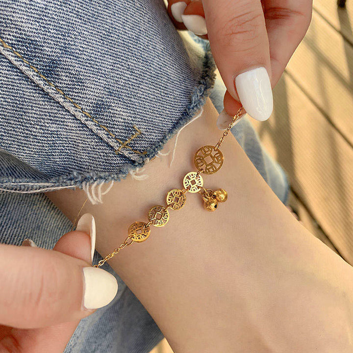 Buddha Stones Copper Coins Bell Charm Titanium Steel Strengthen Anklet - image 4