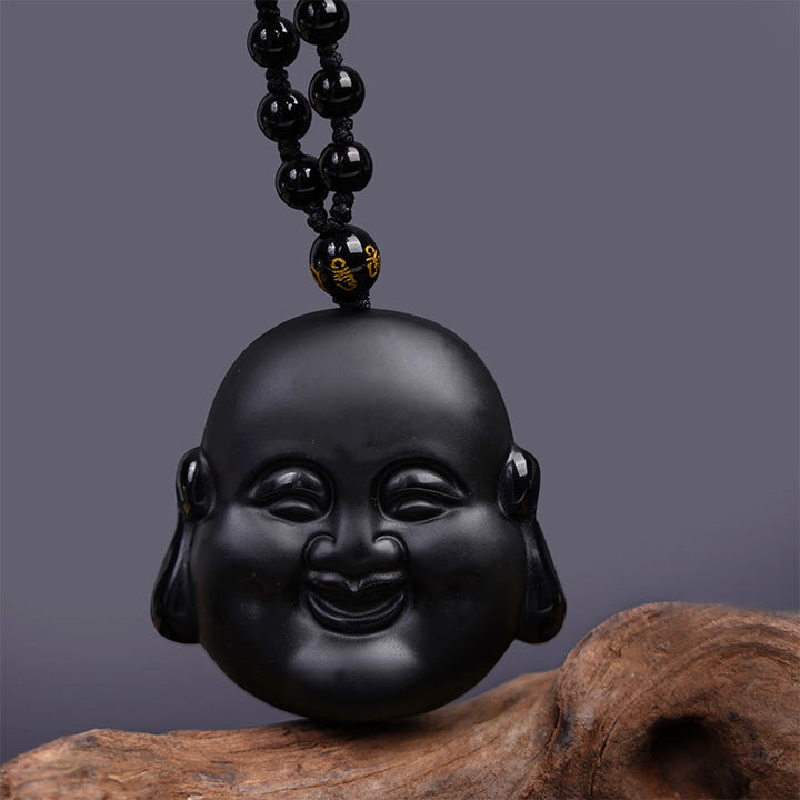 Buddha Stones Natural Black Obsidian Laughing Buddha Purification Necklace Pendant - image 3