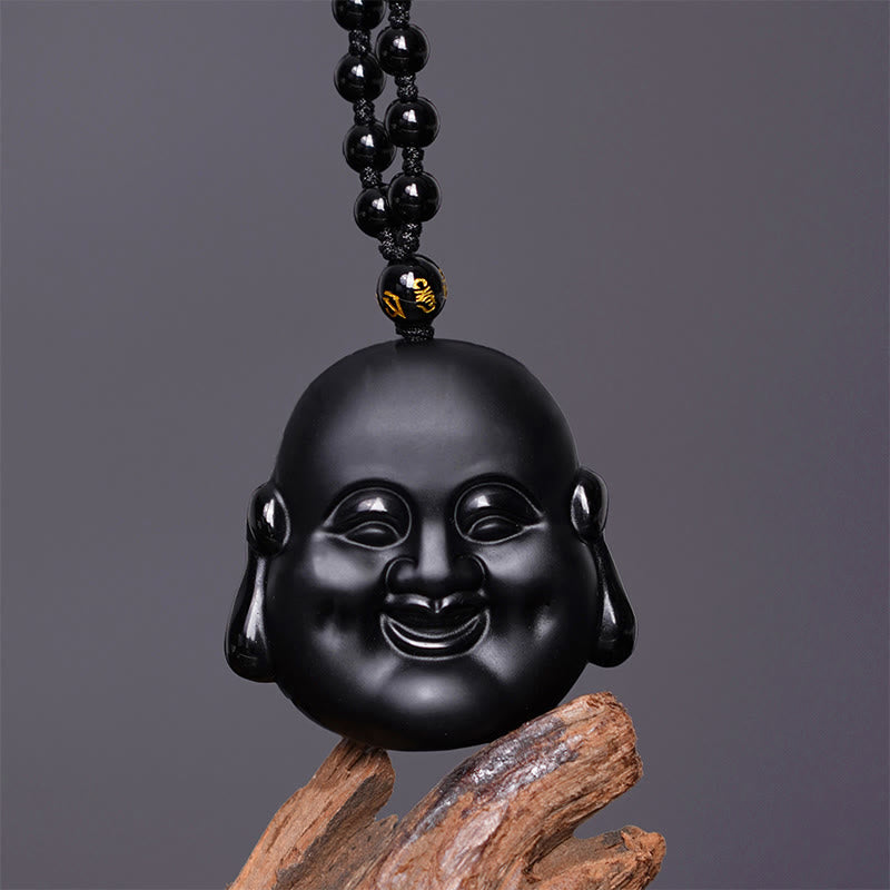 Buddha Stones Natural Black Obsidian Laughing Buddha Purification Necklace Pendant - image 1