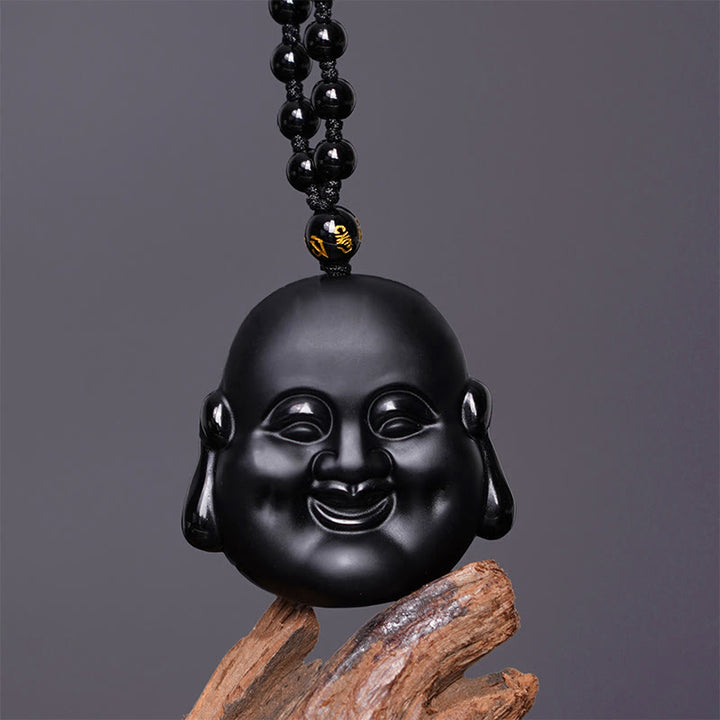 Buddha Stones Natural Black Obsidian Laughing Buddha Purification Necklace Pendant - image 1