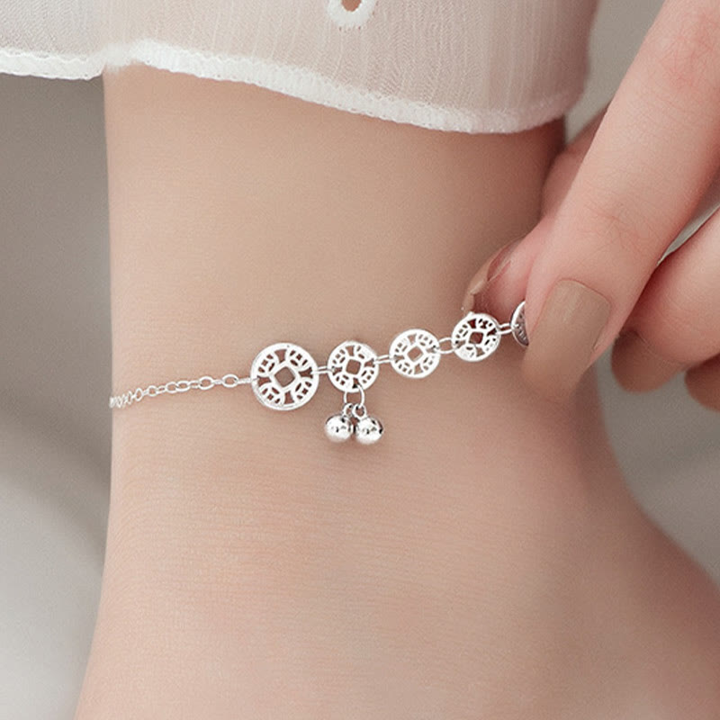 Buddha Stones 925 Sterling Silver Copper Coins Bells Protection Metal Anklet - Anklet(Circumference 25-30cm) - image 0