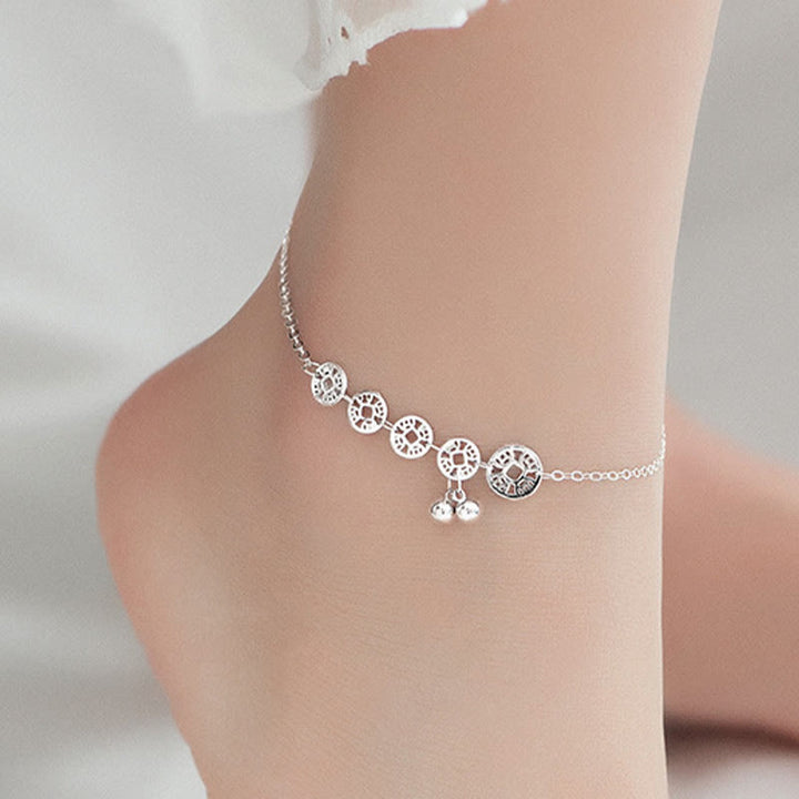 Buddha Stones 925 Sterling Silver Copper Coins Bells Protection Metal Anklet - image 10
