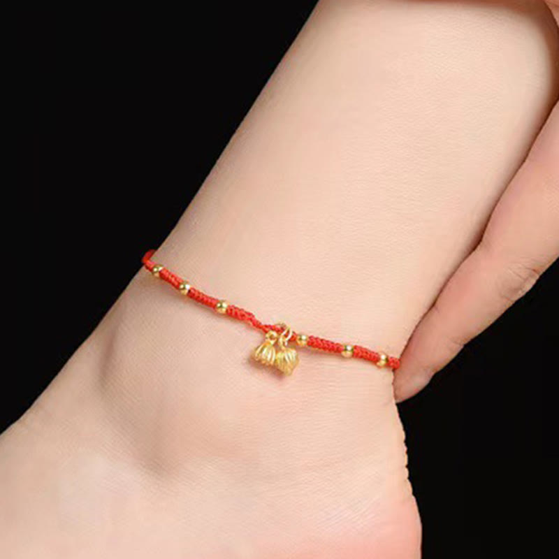 Buddha Stones Lotus Pod Charm Luck String Rope Anklet - Red Anklet(Circumference 30cm) - image 0