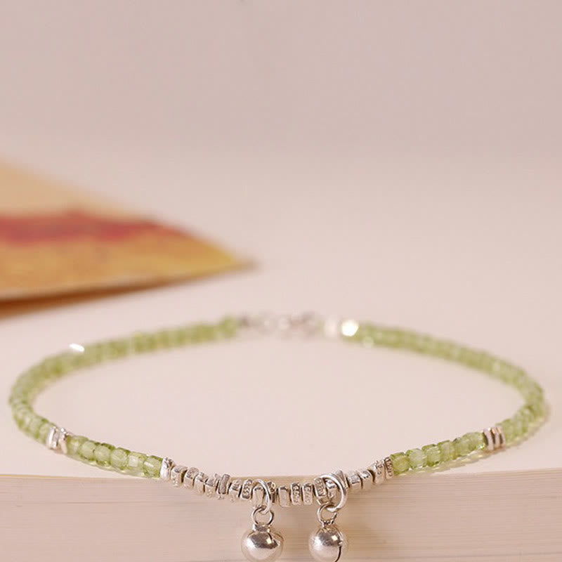 Buddha Stones 925 Sterling Silver Natural Peridot Square Beads Peace Anklet - image 3