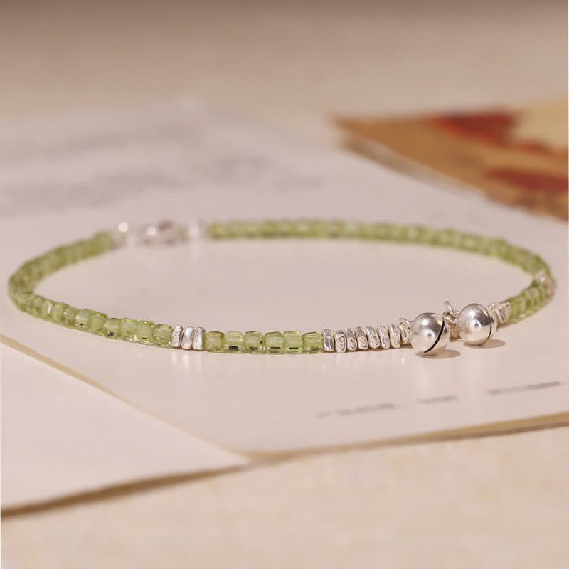 Buddha Stones 925 Sterling Silver Natural Peridot Square Beads Peace Anklet - image 2
