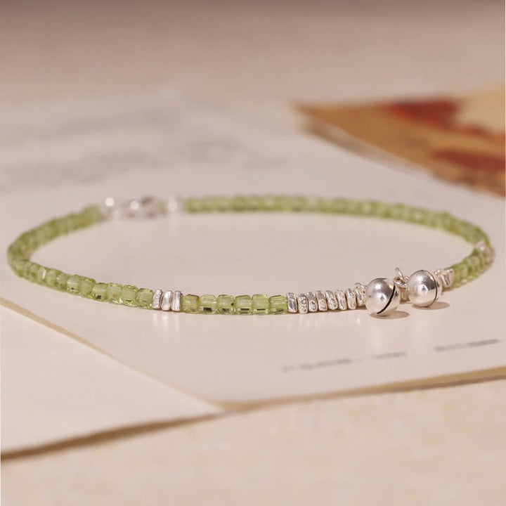Buddha Stones 925 Sterling Silver Natural Peridot Square Beads Peace Anklet - image 2