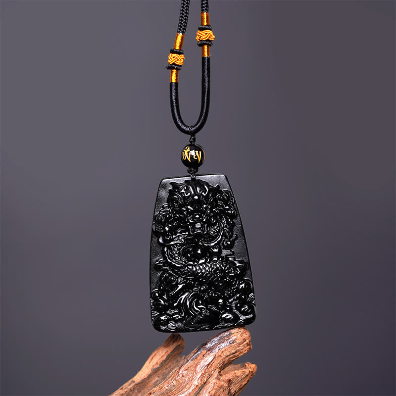 Buddha Stones Black Obsidian Dragon Carved Luck Protection Necklace Pendant - image 9