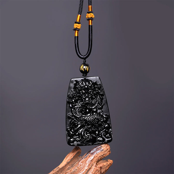 Buddha Stones Black Obsidian Dragon Carved Luck Protection Necklace Pendant - image 9