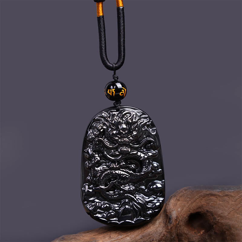 Buddha Stones Black Obsidian Dragon Carved Luck Protection Necklace Pendant - Oval Dragon 58mm*41mm - image 0