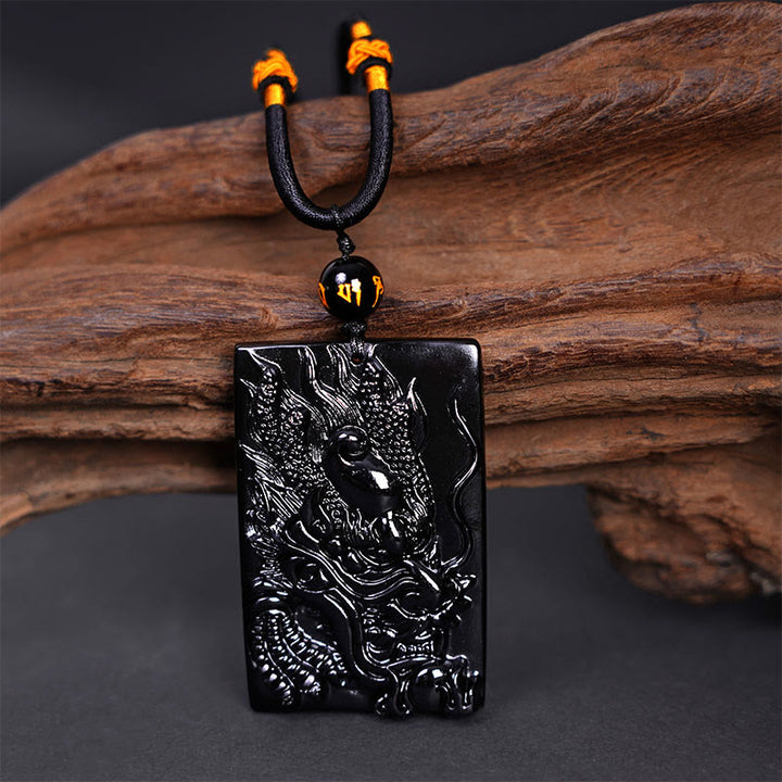 Buddha Stones Natural Black Obsidian Rectangular Dragon Engraved Success Necklace Pendant - image 10