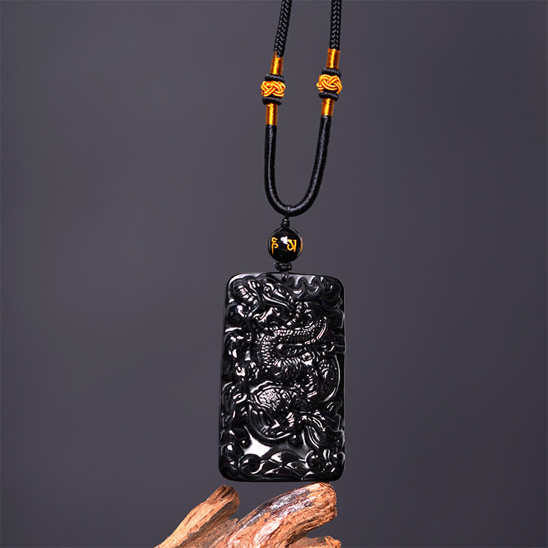 Buddha Stones Natural Black Obsidian Rectangular Dragon Engraved Success Necklace Pendant - image 3