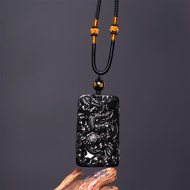 Buddha Stones Natural Black Obsidian Rectangular Dragon Engraved Success Necklace Pendant - image 3