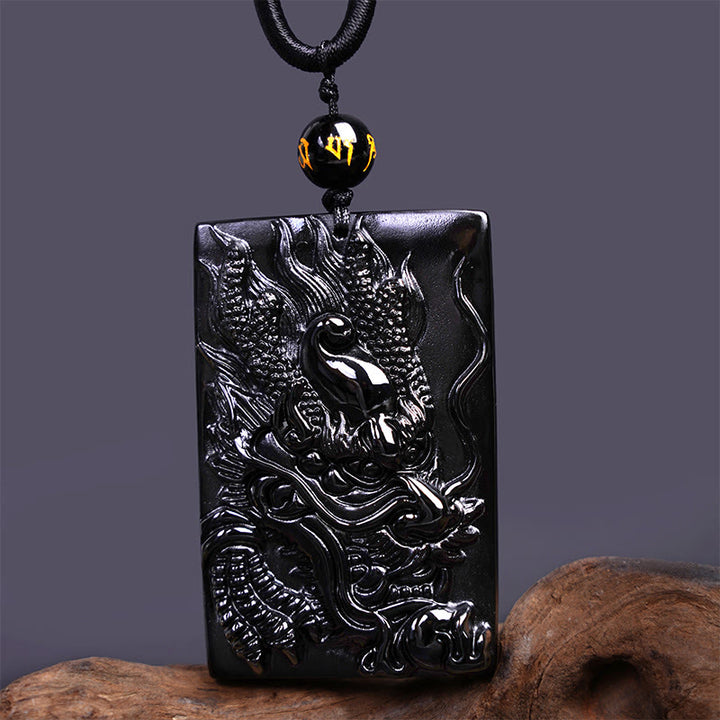Buddha Stones Natural Black Obsidian Rectangular Dragon Engraved Success Necklace Pendant - image 13