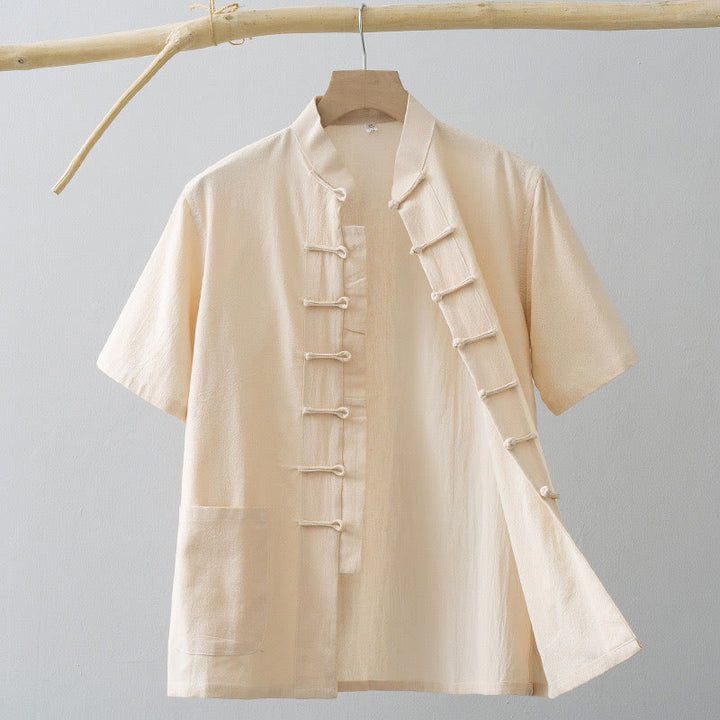 Buddha Stones Chinese Frog-Button Tang Suit Men's Short Sleeve Shirt Cotton Linen Clothing With Pockets - AntiqueWhite - US/UK/AU44，EU54 (4XL) - image 11