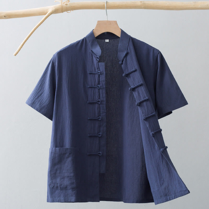 Buddha Stones Chinese Frog-Button Tang Suit Men's Short Sleeve Shirt Cotton Linen Clothing With Pockets - SteelBlue - US/UK/AU44，EU54 (4XL) - image 13