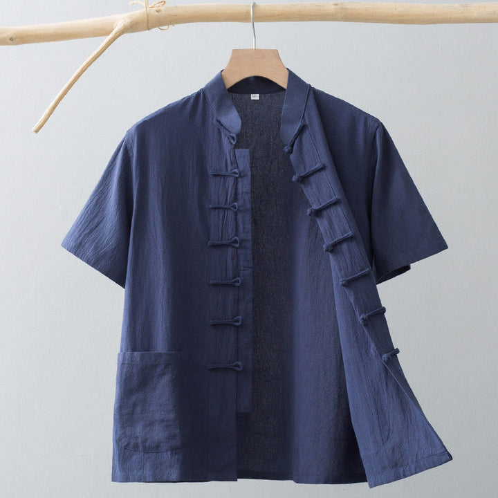 Buddha Stones Chinese Frog-Button Tang Suit Men's Short Sleeve Shirt Cotton Linen Clothing With Pockets - SteelBlue - US/UK/AU44，EU54 (4XL) - image 13