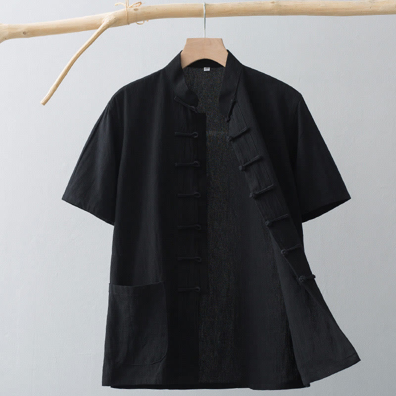 Buddha Stones Chinese Frog-Button Tang Suit Men's Short Sleeve Shirt Cotton Linen Clothing With Pockets - Black - US/UK/AU44，EU54 (4XL) - image 15