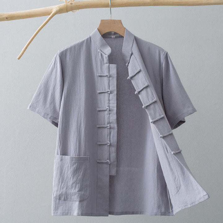 Buddha Stones Chinese Frog-Button Tang Suit Men's Short Sleeve Shirt Cotton Linen Clothing With Pockets - LightGrey - US/UK/AU44，EU54 (4XL) - image 9