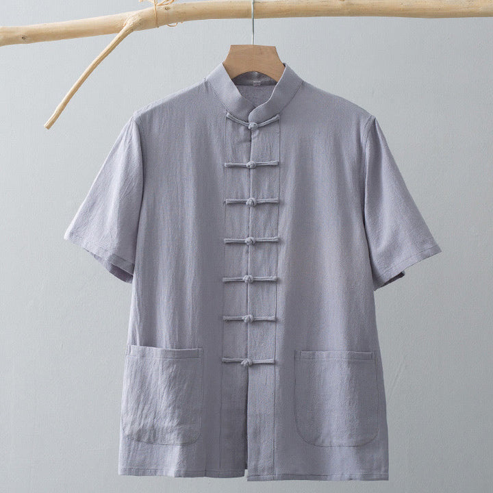 Buddha Stones Chinese Frog-Button Tang Suit Men's Short Sleeve Shirt Cotton Linen Clothing With Pockets - image 10