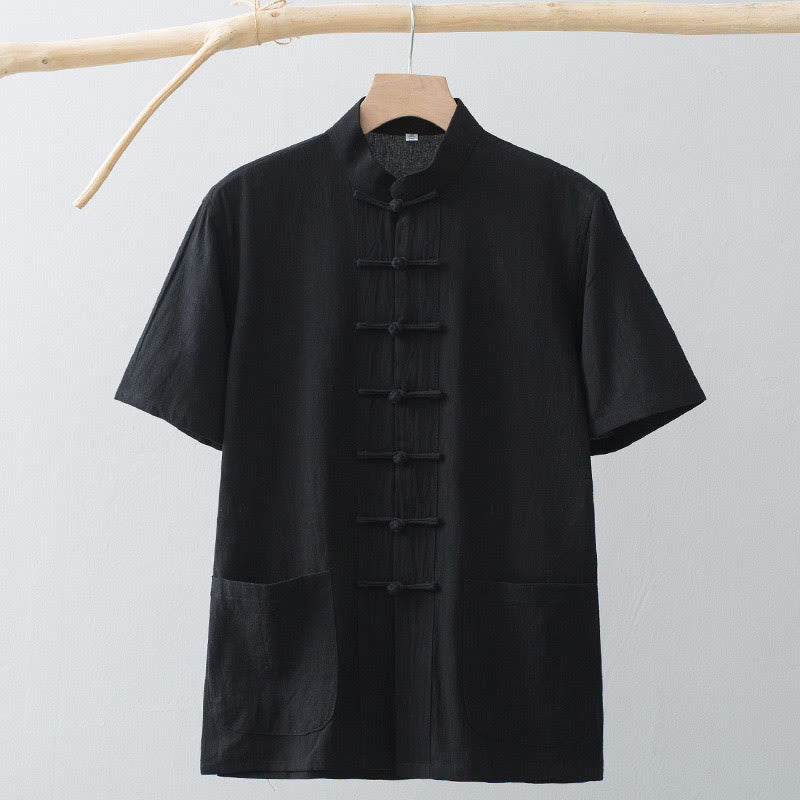 Buddha Stones Chinese Frog-Button Tang Suit Men's Short Sleeve Shirt Cotton Linen Clothing With Pockets - image 16