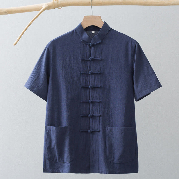 Buddha Stones Chinese Frog-Button Tang Suit Men's Short Sleeve Shirt Cotton Linen Clothing With Pockets - image 14