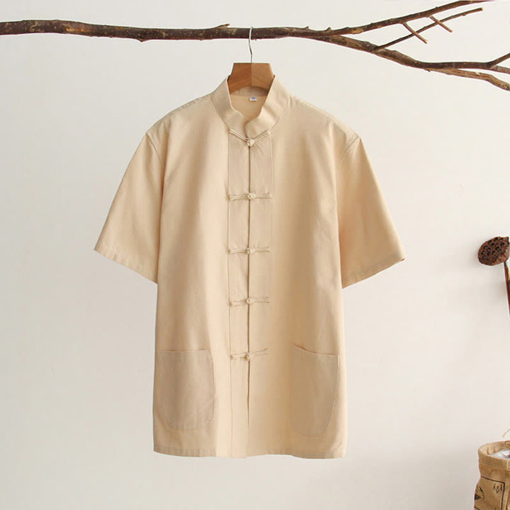 Buddha Stones Chinese Frog-Button Tang Suit Men's Short Sleeve Cotton Shirt With Pockets - Bisque - US/UK/AU44，EU54 (4XL) - image 10