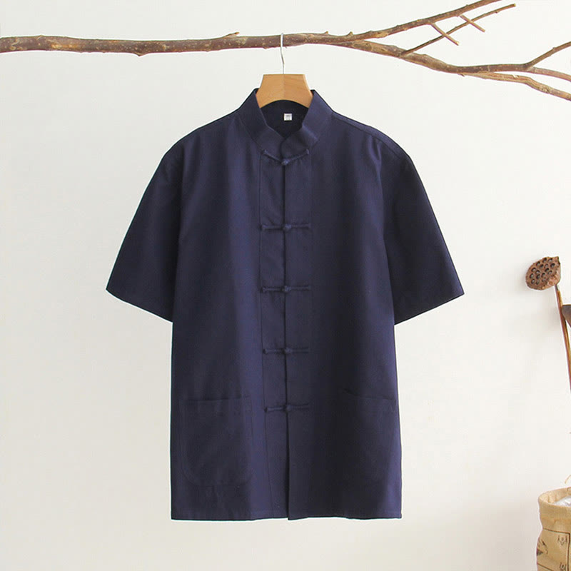Buddha Stones Chinese Frog-Button Tang Suit Men's Short Sleeve Cotton Shirt With Pockets - MidnightBlue - US/UK/AU44，EU54 (4XL) - image 12