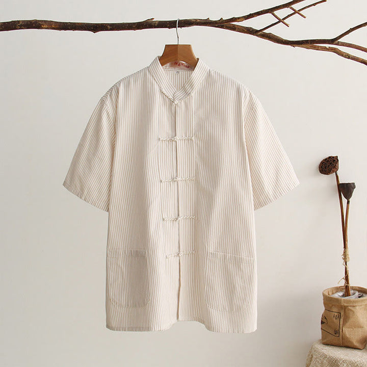 Buddha Stones Chinese Frog-Button Tang Suit Men's Short Sleeve Cotton Shirt With Pockets - Linen - US/UK/AU44，EU54 (4XL) - image 20