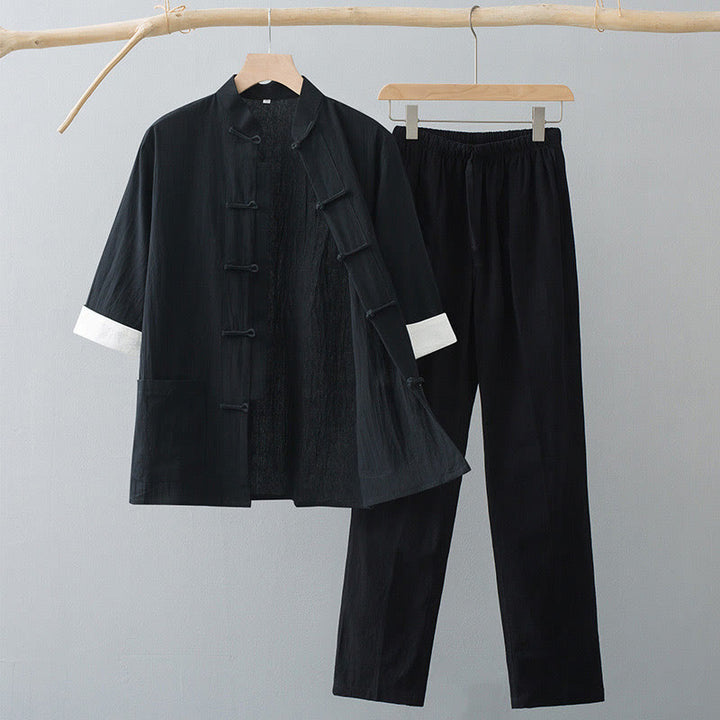 Buddha Stones Traditional Frog Tang Suit Cotton Half Sleeve Top Pants Clothing Men's Set - Black Top&Black Pants - US/UK/AU44，EU54 (4XL)  - image 9