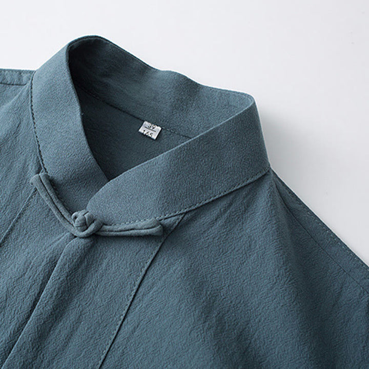 Buddha Stones Traditional Frog-Button Tang Suit Cotton Half Sleeve Top Pants Clothing Men's Set - image 1