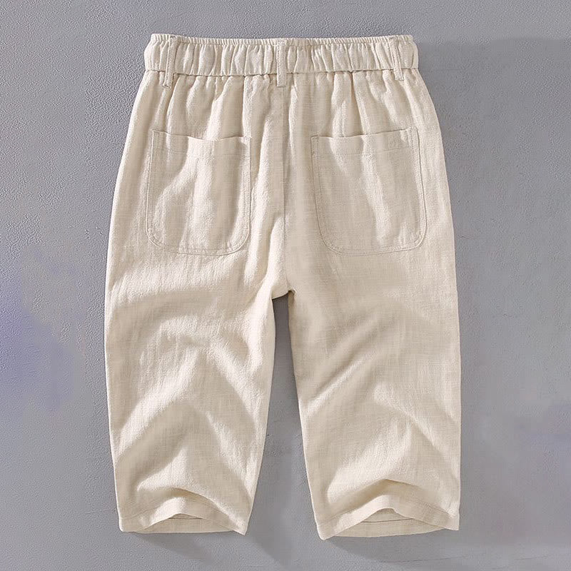 Buddha Stones Men's Solid Color Ramie Linen Drawstring Cropped Pants With Pockets - image 1
