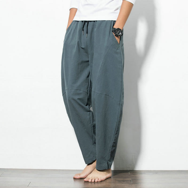 Buddha Stones Casual Men's Solid Color Cotton Drawstring Pants With Pockets - image 1