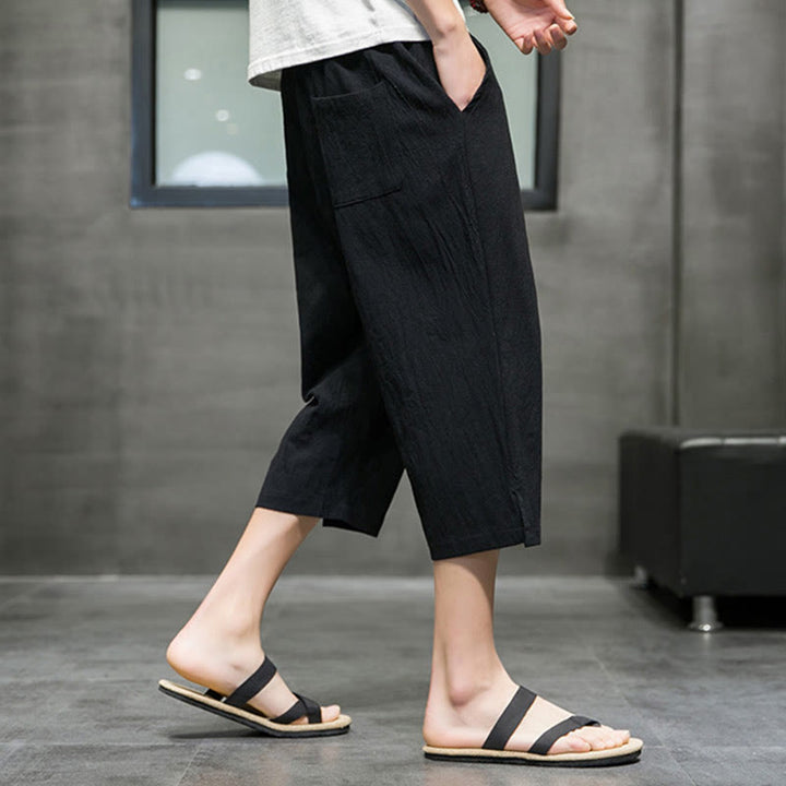 Buddha Stones Summer Men's Linen Drawstring Cropped Pants With Pockets - image 12