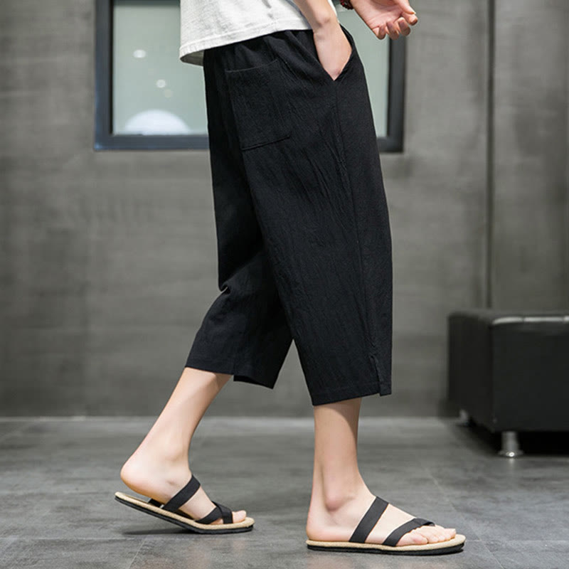 Buddha Stones Summer Men's Linen Drawstring Cropped Pants With Pockets - image 12