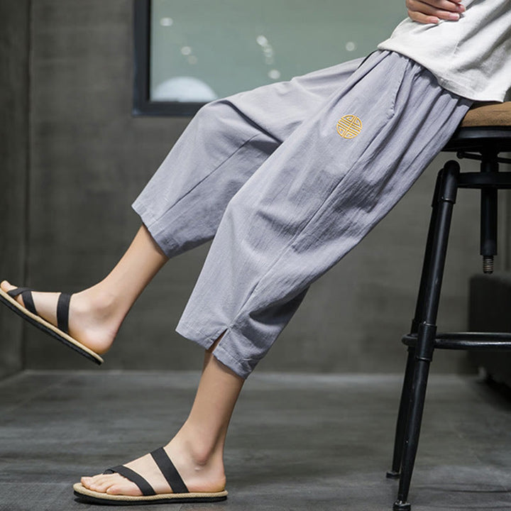 Buddha Stones Summer Men's Linen Drawstring Cropped Pants With Pockets - image 24