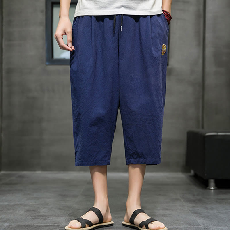 Buddha Stones Summer Men's Linen Drawstring Cropped Pants With Pockets - image 1