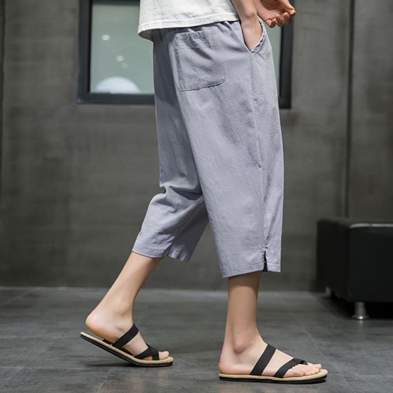 Buddha Stones Summer Men's Linen Drawstring Cropped Pants With Pockets - image 20