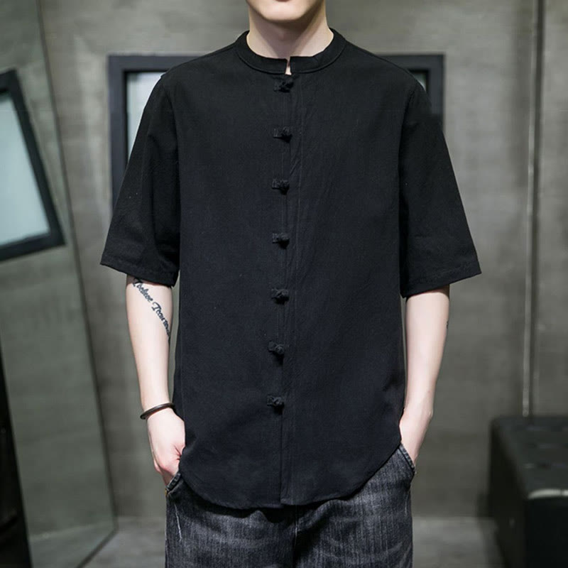 Buddha Stones Plain Color Men's Half Sleeve Cotton Shirt - Black - US/UK/AU46，EU56 (5XL)  - image 16