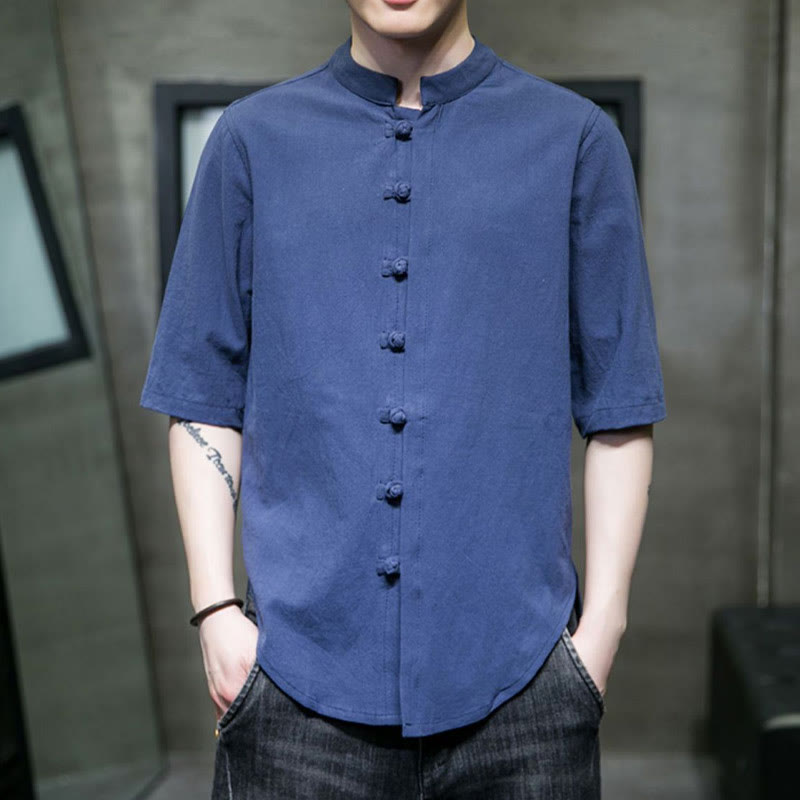 Buddha Stones Plain Color Men's Half Sleeve Cotton Shirt - SteelBlue - US/UK/AU46，EU56 (5XL)  - image 22