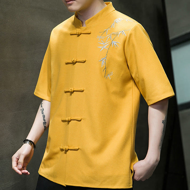 Buddha Stones Frog-Button Leaf Dragonfly Embroidery Men's Short Sleeve Shirt - image 11