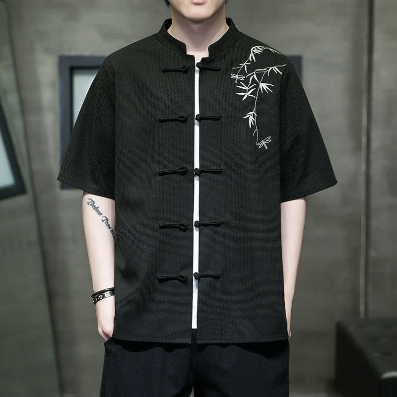 Buddha Stones Frog-Button Leaf Dragonfly Embroidery Men's Short Sleeve Shirt - Black - US/UK/AU46，EU56 (5XL)  - image 14
