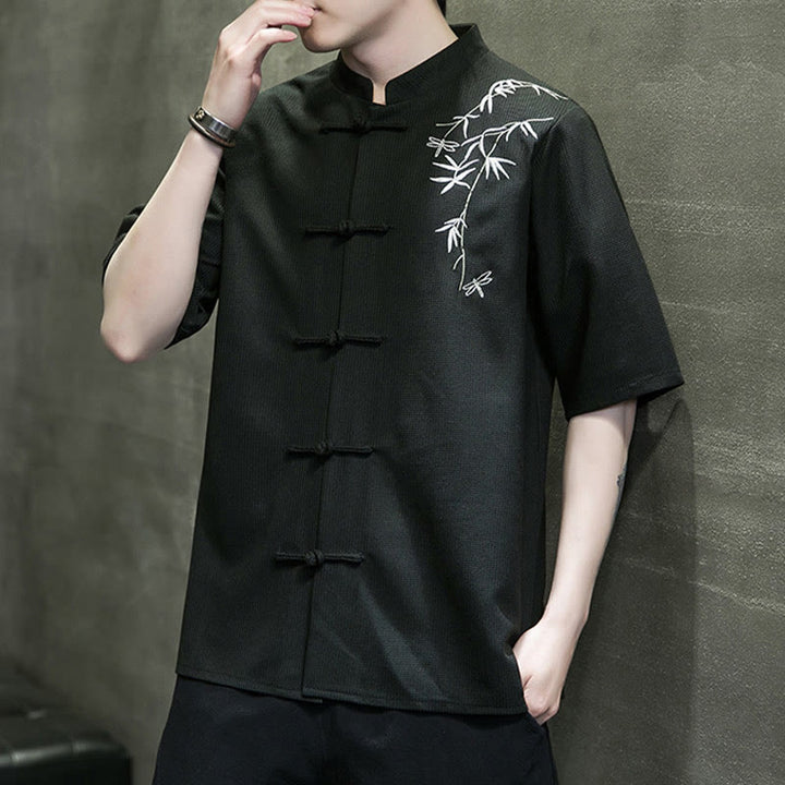 Buddha Stones Frog-Button Leaf Dragonfly Embroidery Men's Short Sleeve Shirt - image 19