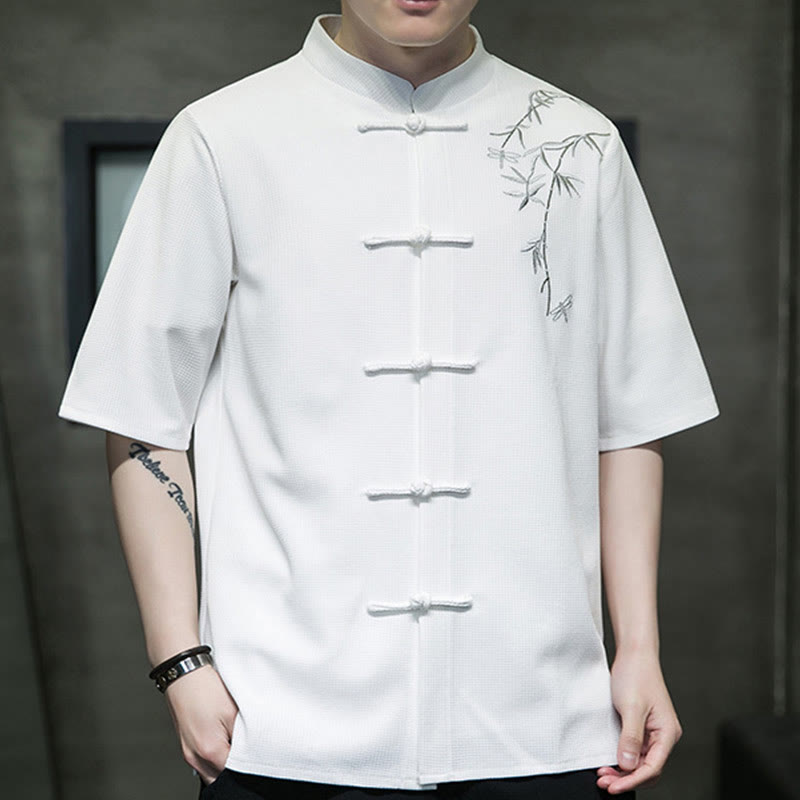 Buddha Stones Frog-Button Leaf Dragonfly Embroidery Men's Short Sleeve Shirt - image 1