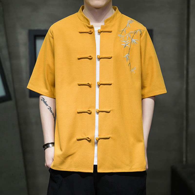 Buddha Stones Frog-Button Leaf Dragonfly Embroidery Men's Short Sleeve Shirt - Gold - US/UK/AU46，EU56 (5XL)  - image 6