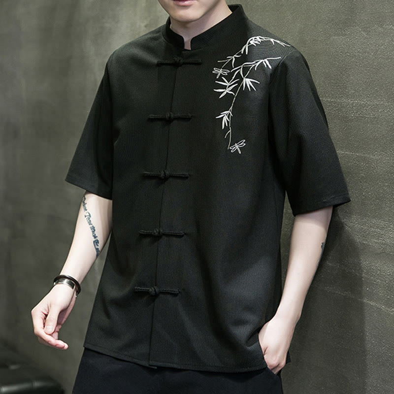 Buddha Stones Frog-Button Leaf Dragonfly Embroidery Men's Short Sleeve Shirt - image 18